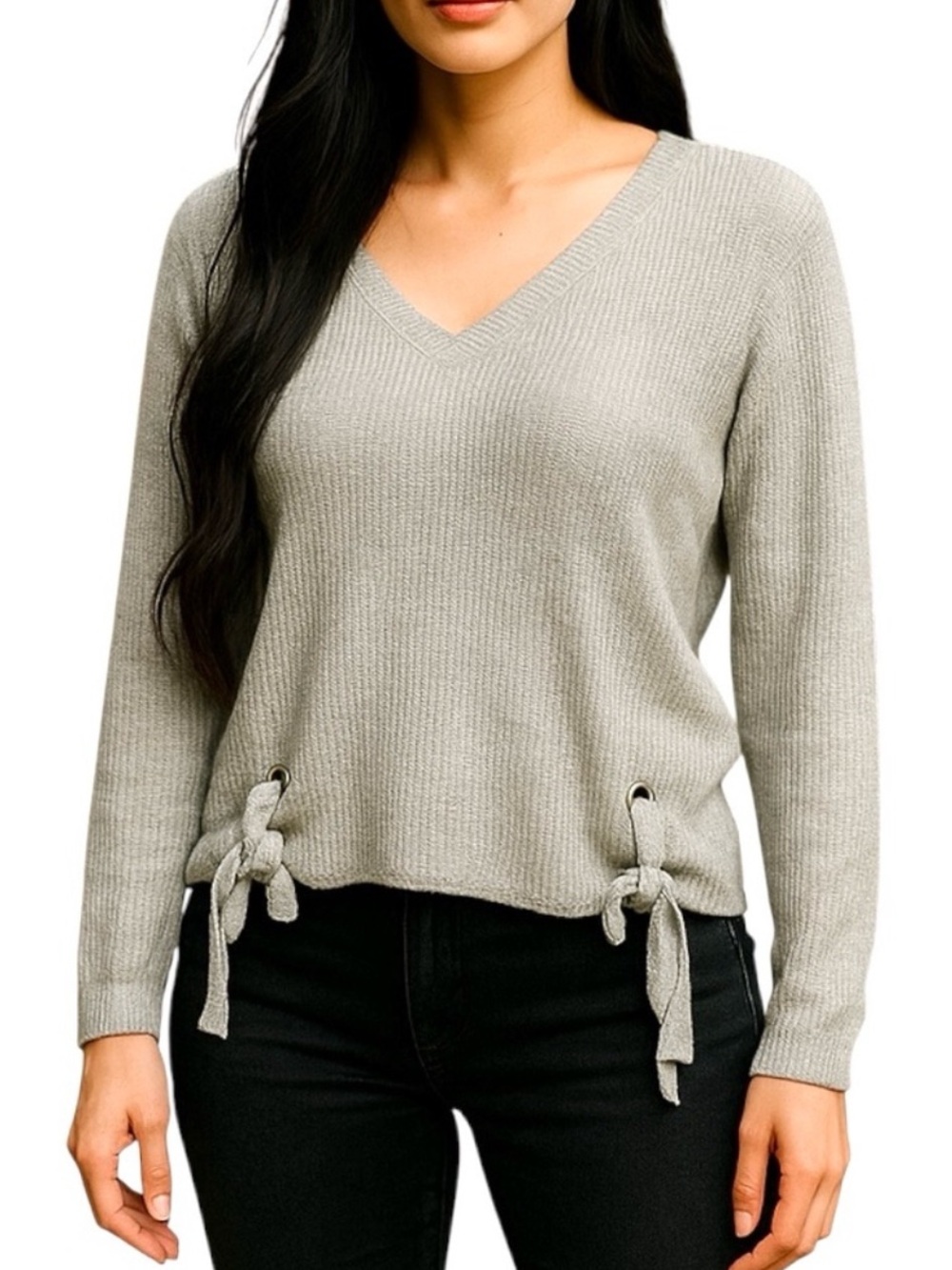 Gray Ribbed Side Tie Sweater